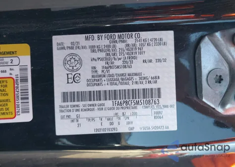 2021 Ford Mustang Gt from USA, damaged, VIN 1FA6P8CF5M5108763